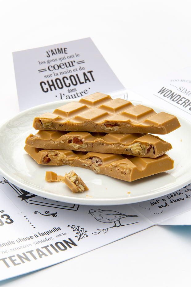 Blonde chocolate bar with maple cream fudge and candied pecans